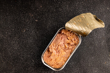 Tuna canned fish seafood tasty snack fresh delicious gourmet food background on the table rustic food top view copy space pescetarian diet