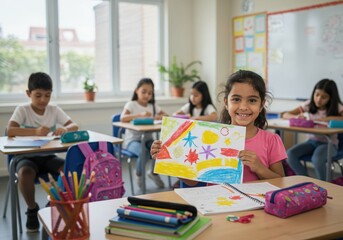 Fototapeta premium Back to school child kids at classroom diversity and young men, women together happy and smiling, backpacks, education with school bags