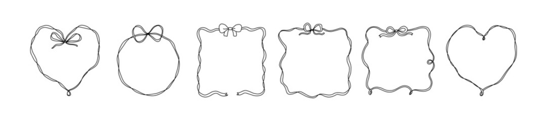 Set of elegant whimsical hand drawn frames with wavy squiggle curly ribbon and bow in trendy, vintage retro styles. Perfect for wedding, birthday or party invitations or greeting card decor