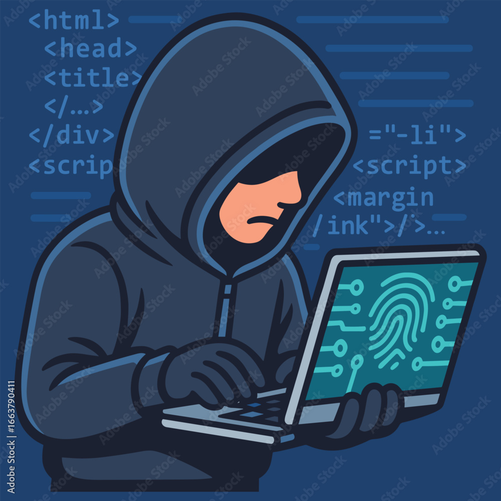 Wall mural a hacker in hoodie typing on laptop with digital fingerprint and coding background vector cartoon