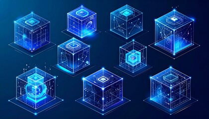 Futuristic Blue Digital Cubes with Glowing Data Streams and Geometric Patterns.