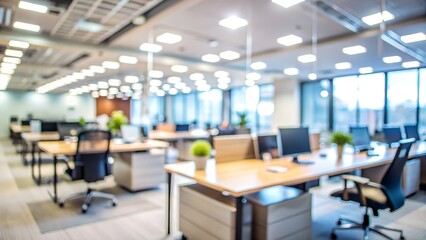 Blurred view of a modern office interior with desks, chairs, and computers, creating a bright and professional workspace