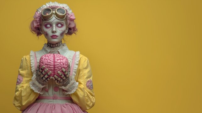 Stylized zombie character in vintage clothing holding a brain against a yellow background