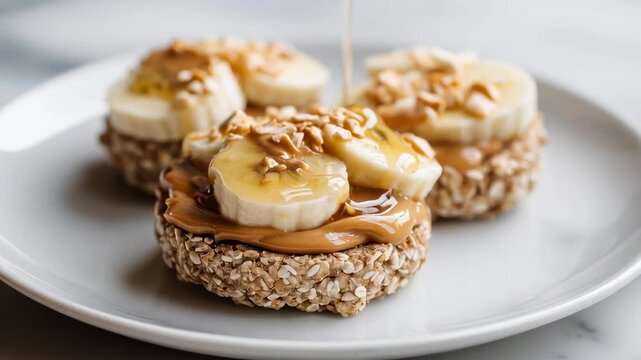 Three banana muffins with peanut butter on top. The muffins are on a white plate. The plate is on a marble countertop