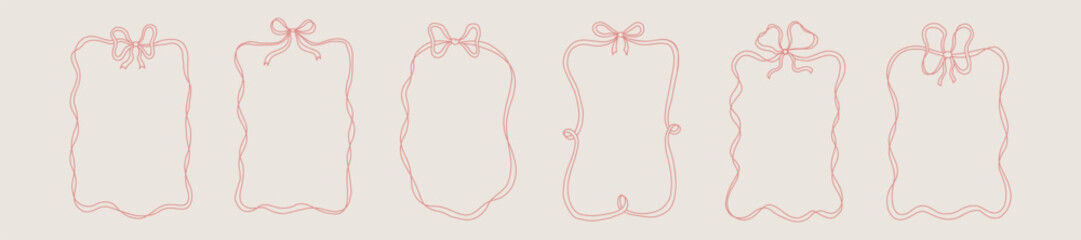 Whimsical wedding frame set with delicate red ribbon bows and wavy borders. Perfect decorative outline for invitations, greeting cards, romantic notes, scrapbook projects, and festive design elements.