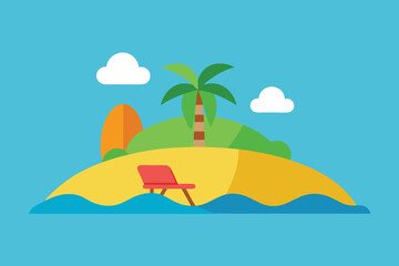 Serene tropical island with a red chair on the beach, palm tree, and clear blue sky, ideal for a summer vacation and relaxation