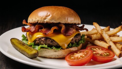 Cheeseburger with bacon and tomatoes for appetizing ad