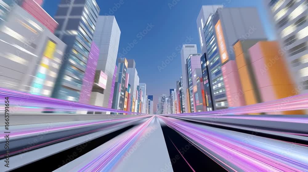 Poster futuristic cityscape with vibrant skyscrapers and dynamic light trails, showcasing a high-speed moti