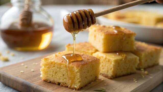 Golden cornbread squares being drizzled with honey from a wooden dipper isolated on white background