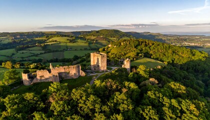 Fototapeta premium A sprawling vista showcases a historic castle ruin nestled amidst verdant hills, bathed in the soft light of a serene, golden sunset.