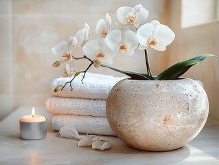 Minimal spa setup with orchid flower, candle and towel in soft warm light