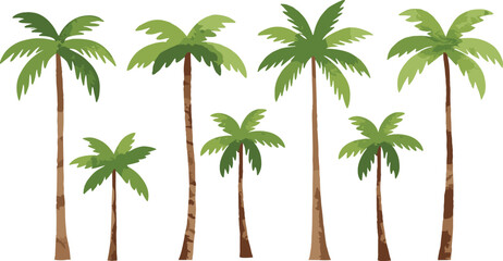 Tropical palm trees illustration, green coconut trees with long trunks, exotic beach vegetation, summer island landscape element, nature clipart, jungle paradise, travel design concept