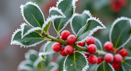 Obraz premium Frosty Holly Berries Branch Winter Season Nature Concept