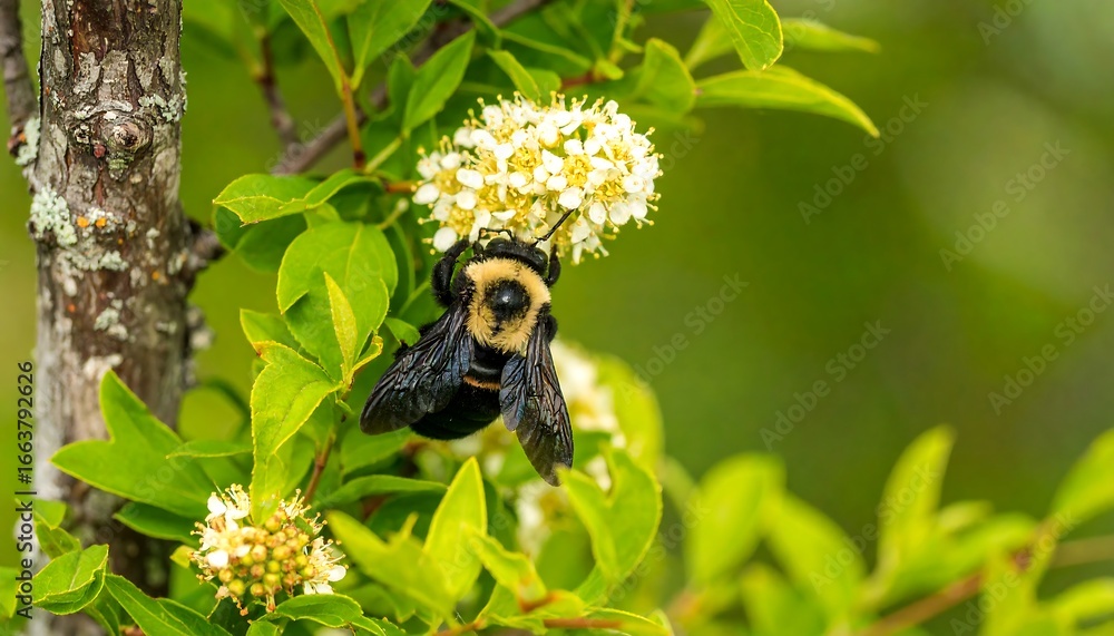 Poster a close-up view of a bumblebee meticulously collecting pollen from clusters of delicate, white flowe