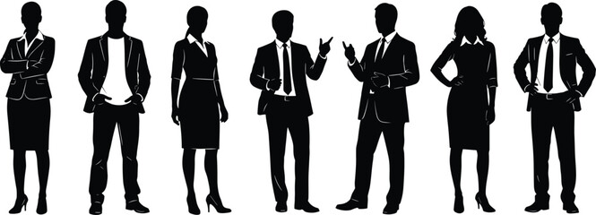 Group of business professionals standing, corporate team silhouette, office staff lineup, teamwork concept, professional people illustration, leadership and communication