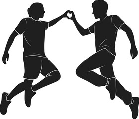 Two young men jumping and making heart shape with hands, friendship bond, energetic active pose, teamwork, sportswear, friendship celebration, joy and connection