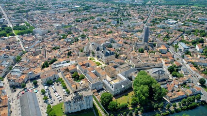 Aerial panorama view around the old town in the city Niort in France, on a sunny summer noon
