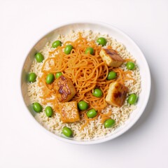 A vibrant healthy bowl of rice with tofu edamame shredded carrots on a white background