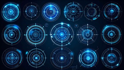 Futuristic Blue Digital HUD Target Interfaces with Glowing Geometric Patterns.