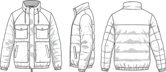 CAD drawing flat vector illustration of hooded winter utility jacket, front side and back views, high collar, pocket detail, technical garment sketch, stylish outerwear layout
