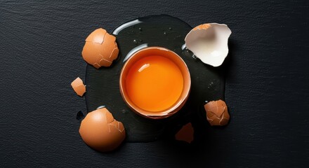 Raw egg with broken shells on dark surface