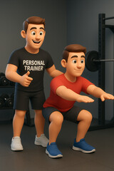 Obraz premium Personal trainer assisting client with squat exercise – fitness coaching concept
