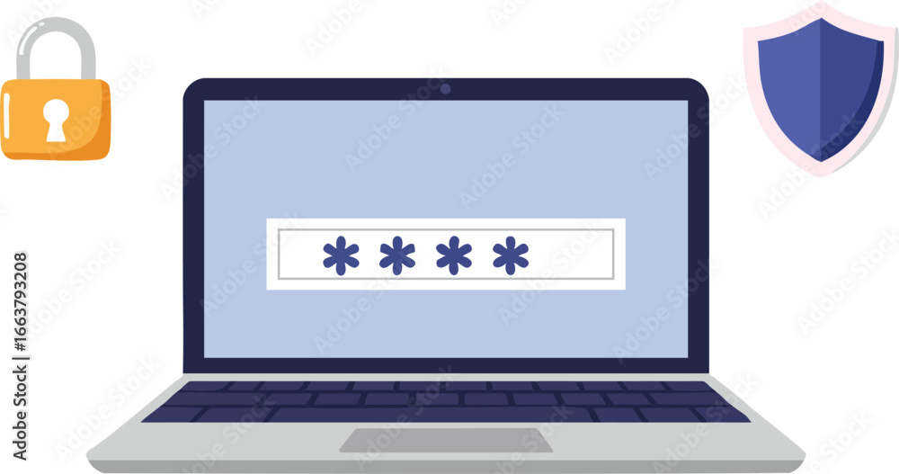 Poster laptop computer with password protection and security icons for data safety and online privacy vecto