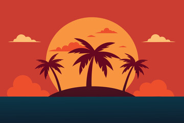 Obraz premium Three palm trees silhouetted against a fiery sunset over the ocean, creating a dramatic and exotic tropical island landscape at twilight