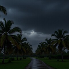 Fototapeta premium Windy evening amidst coconut trees under threatening thunderclouds