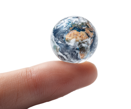 Earth on fingertip symbolizes global awareness and sustainability on a transparent background, cut out