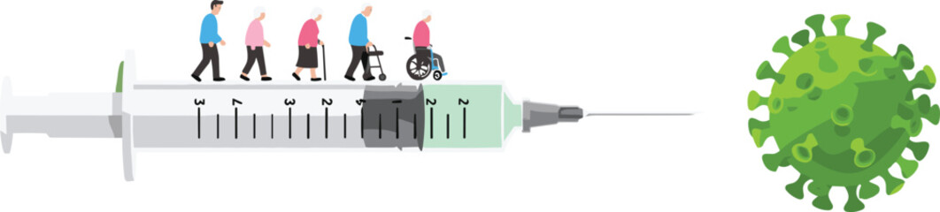 Vaccination journey for elderly people, syringe vector with virus symbol, cad drawing flat vector illustration, COVID-19, health, immunity, senior care