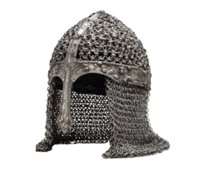 Medieval helmet with chainmail for historical reenactment and display on a transparent background, cut out