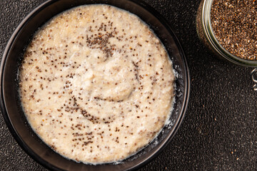 Chia pudding fruit puree tasty snack fresh delicious gourmet food background on the table rustic food top view copy space keto and paleo diet vegan and vegetarian food