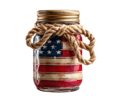 Patriotic mason jar with American flag design on a transparent background, cut out