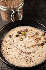Chia pudding fruit puree tasty snack fresh delicious gourmet food background on the table rustic food top view copy space keto and paleo diet vegan and vegetarian food