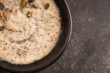 Chia pudding fruit puree tasty snack fresh delicious gourmet food background on the table rustic food top view copy space keto and paleo diet vegan and vegetarian food