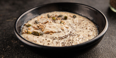 Chia pudding fruit puree tasty snack fresh delicious gourmet food background on the table rustic food top view copy space keto and paleo diet vegan and vegetarian food