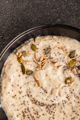 Chia pudding fruit puree tasty snack fresh delicious gourmet food background on the table rustic food top view copy space keto and paleo diet vegan and vegetarian food