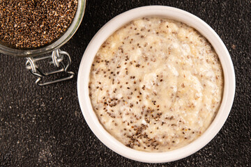 Chia pudding fruit puree tasty snack fresh delicious gourmet food background on the table rustic food top view copy space keto and paleo diet vegan and vegetarian food