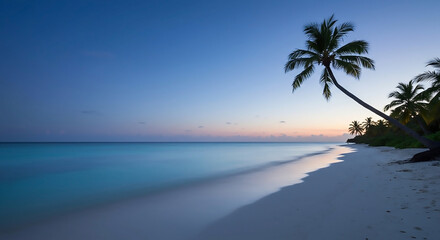Tranquil Pristine White Sand Beach at Dusk with Reflecting Sky and Palm Silhouette. Serene tropical paradise, calm ocean under soft twilight hues
