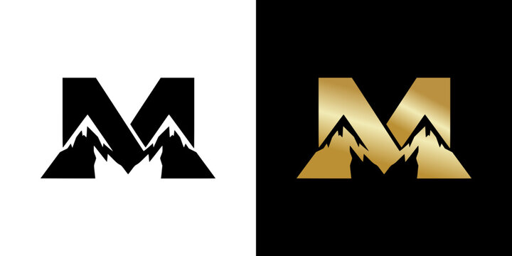 Stylized letter M combined with mountains silhouette, isolated vector image, two design options on transparent and black backgrounds