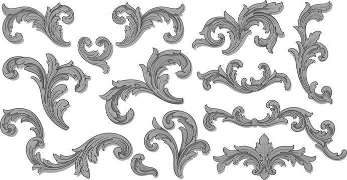 Vintage ornamental floral elements, decorative baroque vector set, antique swirl design, elegant classic flourishes, scroll embellishments, Victorian corner ornaments