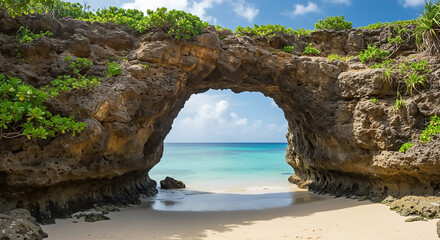 Fototapeta premium Stunning Rock Archway Overlooking Turquoise Ocean and White Sand Beach