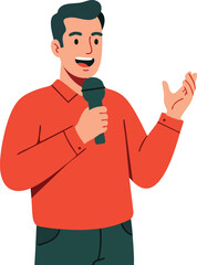 Man speaking with microphone in red shirt presenting or hosting event vector illustration 