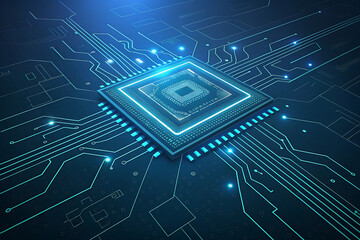 Stylized CPU glowing on a circuit board with blue data lines. Represents computing power, digital processing, and futuristic hardware in a high-tech environment.