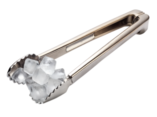 Stainless steel ice tongs holding frozen ice cubes isolated on transparent background