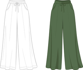 Wide leg pants vector drawing, loose fit trousers, drawstring waistband, fashion flat sketch, technical garment CAD, stylish apparel design, front back view