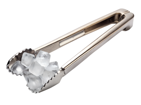 Stainless steel ice tongs holding frozen ice cubes isolated on transparent background