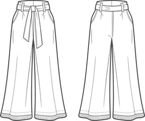 Wide-leg high-waist pants fashion sketch, belted trouser design, cad drawing flat vector illustration, stylish garment template layout icon