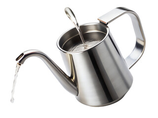 Silver metal watering can pouring water, isolated on transparent background